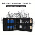 Profesionalus 32 vnt. meno rinkinys pie&scaron;imui, eskizavimui, su eskizų, grafito, anglies pie&scaron;tukais, krep&scaron;iu, trintuku, meno rinkinys studentui, menininkui 32Pcs/set