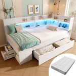 Sofa-lova 90x200 cm Balta Viengulė Jaunimo Lova, Medžio Plok&scaron;tės Pagrindo, LED Ap&scaron;vietimas, USB ir C tipo Įkrovimas, Lentynos ir Stalčiai, įsk.. Lamelinis rėmas (Su čiužiniu) 223 x 112 x 95 cm balta