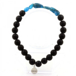 Pierres et Min&eacute;raux. Bracelet Apatite bleu du Br&eacute;sil + Perles Onyx noir mat 8 mm. Fabriqu&eacute; en France.