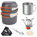Stovyklavietės indų rinkinys su sulankstoma kempingo virykle lengvas puodų rinkinys su nerūdijančio plieno puodeliu ir oranžinė