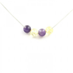 Pierres et Min&eacute;raux. Collier 4 Perles Am&eacute;thyste + Agate jaune 8 mm Chaine en acier inoxydable.