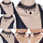 Gotikiniai juodi nėriniai Retro Choker apykaklės gėlių pakabukas karoliai papuo&scaron;alai juoda