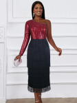 AOMEI Sequins vakarėlio suknelės moterims ant vieno peties Bodycon Fringe vakarinio kokteilio renginio Blizgantys vidutinio dydžio chalatai su kutais didelio dydžio drabužiai