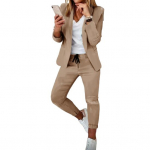 Moteri&scaron;kas 2 dalių kostiumas: ilgomis rankovėmis atsegamas &scaron;varkas ir pie&scaron;tuko formos kelnės, verslo komplektas, kasdieniai, biuro, oficialūs drabužiai M chaki
