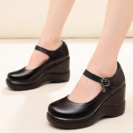 Small Big Size 32-43 Shallow Thick Bottom Genuine Leather Shoes Platform Pumps Fall Women's High Heels Wedges Shoes Office 32 juoda