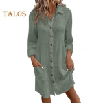 Rudens pavasario moteri&scaron;ka suknelė, apverčiama apykakle, laisvomis ilgomis rankovėmis, vienaeiliai vienspalviai mar&scaron;kiniai, OL tipo važinėjanti vidutinio dydžio suknelė XXL žalia