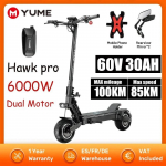 YUME HAWK Pro Elektrinis paspirtukas 10x4,5 colių bekamerinės kelio padangos 3000W*2 variklis 60V 30Ah baterija 50 mylių per valandą maksimalus greitis 60 mylių maksimalus nuvažiuojamas atstumas YUME HAWK Pro-30Ah /-*/-