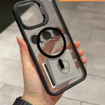 Prabangus magnetinis smūgiams atsparus telefono dėklas, skirtas &bdquo;iPhone 15 14 13 12 11 Pro Max 14 15 Plus&ldquo; su stovu, stikliniu objektyvo apsauginiu galiniu dangteliu For iPhone 15Pro Max juoda