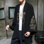 Mados kostiumų siuvinėjimas Hanfu vyri&scaron;kas kinų stiliaus chalatas kardiganų striukė Didelio dydžio kimono senovinis paltas vyri&scaron;kas M juoda