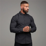 &bdquo;Muscleguys Four Seasons&ldquo; vyri&scaron;ki mar&scaron;kinėliai su apverčiamomis apykaklėmis Gražūs verslo mar&scaron;kinėliai ilgomis rankovėmis, laisvalaikio sagomis vyrams M juoda
