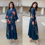 Didelio dydžio moteri&scaron;kas ilgas chalatas, naktiniai mar&scaron;kiniai, gėlėtas kimono, vonios chalatas, chalatas, namų drabužiai, pavasaris, vasara, laisvas, kasdienis, satininis, namų suknelė One size gray