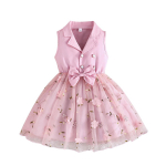 Mergaičių mados suknelė 2025 vasara vaiki&scaron;ka eleganti&scaron;ka suknelė su kaspinėliu, gėlių siuviniais ir tinkleliu, princesės stiliaus 4Y