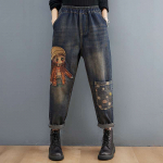 Animaciniai filmukai, mergaičių siuvinėjimai, džinsiniai kelnės moterims madingi, laisvalaikio kelnės auk&scaron;tu juosmeniu Bridžai, ki&scaron;enės, mama, haremas, mėlyni džinsai XXL