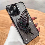 &bdquo;Gradient Glitter Butterfly&ldquo; stovo dėklas, skirtas iPhone 11 12 13 14 15 Pro Max 15Plus XS MAX XR Samsung S24 S23 S22 S21 Ultra Plus S23 FE A15 A55 A14 A34 A54 iPhone 7/8/SE 2020 juoda