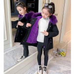 Rudens ir žiemos madinga vidutinio ilgio pūkinė striukė su storu kailiu apykakle mergaitėms