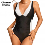 Charmleaks Sexy V Neck Splice Solor One Piece maudymosi kostiumėlis moterims su dvigubais dirželiais vonios kostiumas Monkini XL juoda