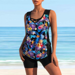 Moteri&scaron;kas maudymosi kostiumėlis su petne&scaron;ėlėmis, įvairiaspalvis, gėlių ra&scaron;to bikini-tankini S juoda