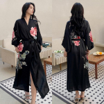 Didelio dydžio moteri&scaron;kas ilgas chalatas, naktiniai mar&scaron;kiniai, gėlėtas kimono, vonios chalatas, chalatas, namų drabužiai, pavasaris, vasara, laisvas, kasdienis, satininis, namų suknelė One size