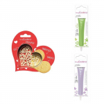 Kit pour biscuit en relief Coeur + 2 Stylos au chocolat vert clair et lilas