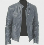 Vyri&scaron;ka Slim Fit PU odos stovo apykakle motociklo striukė su užtrauktuku ir ki&scaron;enės detalėmis. 5XL pilka spalva