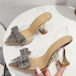 Liyke Fashion Crystal Bowknot Moteri&scaron;ki pompos Seksualūs smailūs auk&scaron;takulniai vestuviniai i&scaron;leistuvių batai Moteri&scaron;ki PVC permatomi sandalai 35