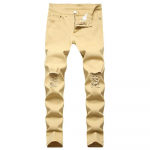 Ply&scaron;usios skylutės džinsinės kelnės Vyri&scaron;kos Vienspalvės Distressed Biker Jeans Skinny Long Pants 28 chaki