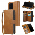 Odinis piniginės 9 kortelių dėklas, skirtas Samsung Galaxy Note 20 Ultra 10 S23 S22 S21 S20 FE S10 S9 S8 Plus A54 A34 A14 A73 A53 A52 A72 A51 A71 piniginės dangtelis su užtrauktuku Samsung A14 (4G 5G) ruda