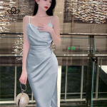 Prancūzi&scaron;ka mėlyna suknelė su dirželiu Satin Slim Elegant Moteri&scaron;ka Vasarinė Eleganti&scaron;ka laisvalaikio ilga suknelė Paplūdimio atostogų suknelė
