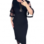 Moteri&scaron;ka vidutinio dydžio suknelė su O formos i&scaron;kirpte, tinklinis susiuvimas 3/4 platėjančiomis rankovėmis, laisvalaikio suknelė, nugara Užtrauktukas Eleganti&scaron;ka biuro moteri&scaron;ka suknelė