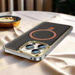 Prabangus aliuminio metalinis &bdquo;MagSafe&ldquo; magnetinis stovas telefono dėklas, skirtas &bdquo;iPhone 16 15 14 Pro Max&ldquo; anglies pluo&scaron;to tekstūros odinis korpuso rėmo dangtelis