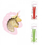 Kit pour biscuit en relief Licorne + 2 Stylos au chocolat rouge et vert clair