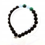 Pierres et Min&eacute;raux. Bracelet Perles Malachite du Congo + Aigue-Marine + Onyx noir mat 8 Fabriqu&eacute; en France.