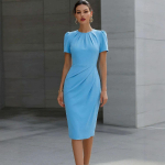 Moteri&scaron;ka midi suknelė su pūstomis rankovėmis ir suraukta juosmens dalimi, apvaliu kaklu, oficiali biuro bodycon suknelė, S-2XL XL mėlyna