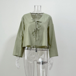 Spring/Summer Trendy Deep V Trumpet Sleeve Tie Top - European & American Women's Fashion L