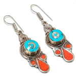 Natural Tibetan Turquoise, Coral Gemstone Handmade Jewelry Earring 2.40 p1d22