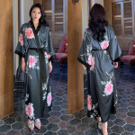 Didelio dydžio moteri&scaron;kas ilgas chalatas, naktiniai mar&scaron;kiniai, gėlėtas kimono, vonios chalatas, chalatas, namų drabužiai, pavasaris, vasara, laisvas, kasdienis, satininis, namų suknelė One size