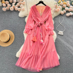 Moteri&scaron;ka tinklinė vakarinė suknelė V kaklu, ilgomis rankovėmis, gradientais suvarstoma Linija Sundress Madinga Bohe plisuota maxi suknelė One Size raudona