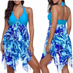 Vasaros moteri&scaron;kas dviejų dalių sijoninis maudymosi kostiumėlis paplūdimio dėvėjimas plius dydžio negabaritinis margintas &scaron;ilko apdaila su nėriniais kvėpuojantis maudymosi kostiumėlis S mėlyna