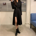Rudeninė moteri&scaron;ka midi suknelė su diržu Juoda Sexy Plus Size Suknelės Korėjieti&scaron;ko stiliaus ilgomis rankovėmis Eleganti&scaron;ka &scaron;oninė ply&scaron;imo linija