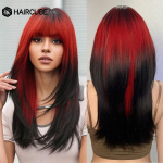 HAIRCUBE Ombre juodi sintetiniai perukai su raudonais kirpčiukais ilgų tiesių sluoksniuotų plaukų perukas moterims Cosplay Helovino kar&scaron;čiui atsparus perukas