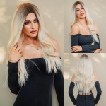 HAIRCUBE balti platininiai mi&scaron;rūs rudi sintetiniai perukai ilgiems banguotiems plaukams perukai moterims vidurinės dalies kasdieniai kar&scaron;čiui atsparūs perukai