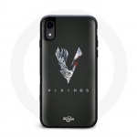 Coque pour Iphone XS Max Vikings S&eacute;rie Saison 6 logo V Ep&eacute;e Gris Fond Noir