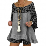 Laisvalaikio moteri&scaron;kas apranga su 3/4 rankovėmis, leopardo ra&scaron;to, O formos kaklo laisvi mar&scaron;kinėliai, &scaron;ortai kasdieniam gyvenimui L