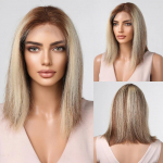 HAIRCUBE 100% Remy žmogaus plaukų perukas su &scaron;viesiomis sruogomis, &scaron;viesūs žmogaus plaukų perukai baltoms moterims, 13x1 nėrinių priekinis perukas, natūraliai rudi tiesūs bobiukai