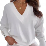 Moteri&scaron;ki vir&scaron;ūnės su V formos i&scaron;kirpte ilgomis rankovėmis Metaliniai rankogaliai Mezgimo vir&scaron;ūnės Vienspalvės Kelionės Stilius Laisvas Prigludimas XXL balta