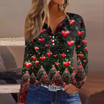 Moteri&scaron;ki mar&scaron;kinėliai su kalėdiniais spaudiniais ilgomis rankovėmis, kasdienė savaitgalio mada, įprastas V formos i&scaron;kirptėlis S chaki