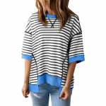 Dryžuotos spalvos moteri&scaron;kas megztinis trumpomis rankovėmis XXL violetinė