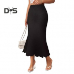 Žuvies uodegos sijonas Auk&scaron;tu juosmeniu, klubus apvyniojantis, vienspalvis megztas sijonas Iki blauzdų vidurio, prigludęs, midi sijonas Kasdienis S vyno raudonos spalvos