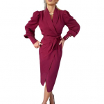 Moteri&scaron;ka i&scaron;kilminga suknelė, verslo stiliaus, apverčiama apykakle, ilgomis rankovėmis, grynos spalvos, plona, ​​suvarstoma kryželiu XL rožinė raudona spalva