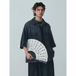 Vasarinė Naujo Kinų Stiliaus Vintažinė Džinsinė Striukė Vyrams ir Moterims, Laisva Retro Sagomis Skalbta Džinsinė Vir&scaron;utinė Dalis M juoda